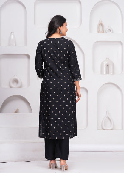 Black Embroidered V Neck Straight Rayon Kurta Set