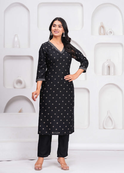 Black Embroidered V Neck Straight Rayon Kurta