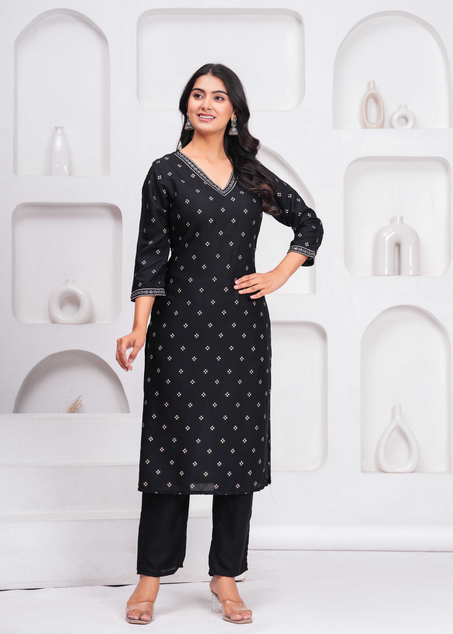 Black Embroidered V Neck Straight Rayon Kurta Set