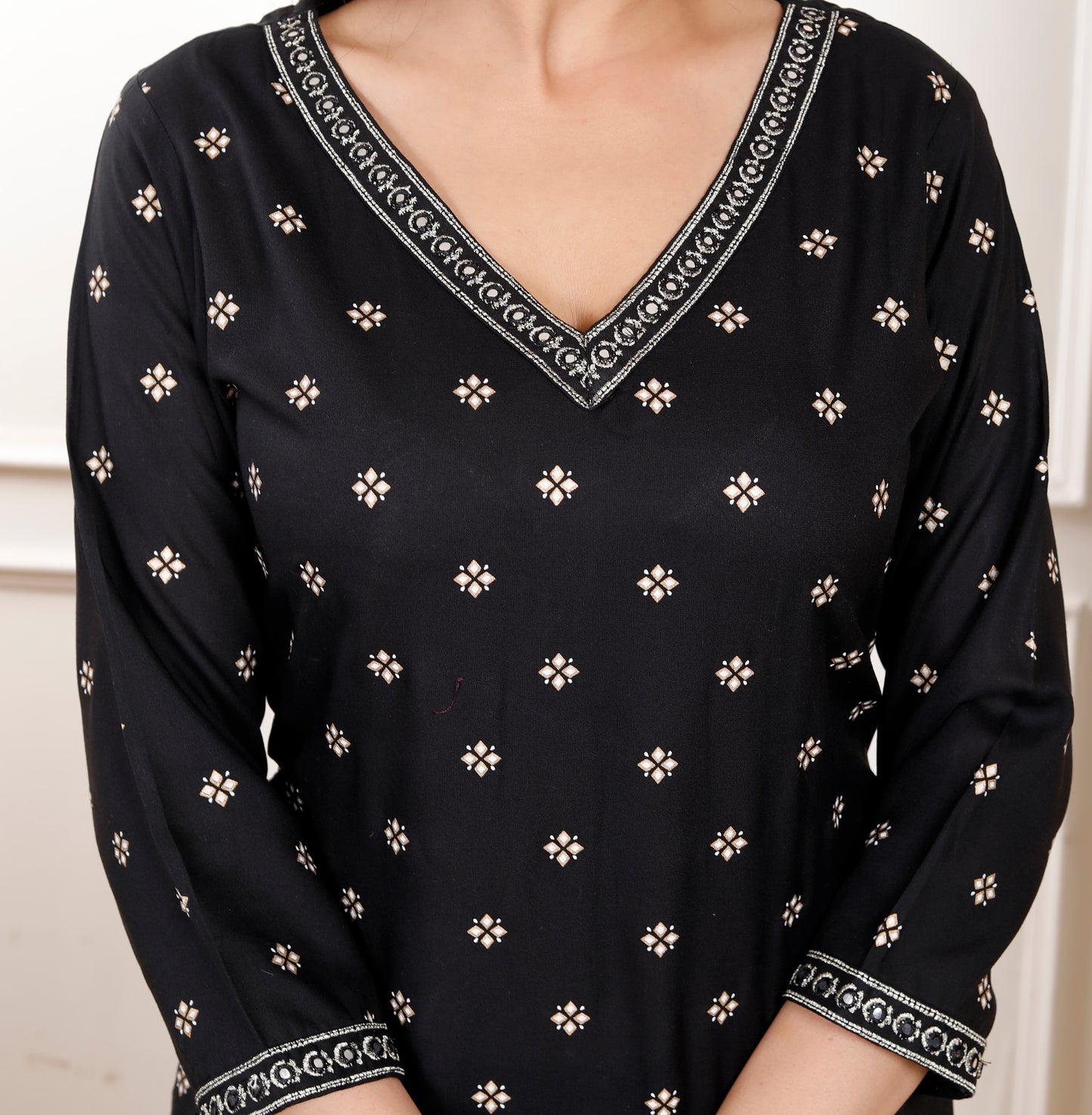 Black Embroidered V Neck Straight Rayon Kurta