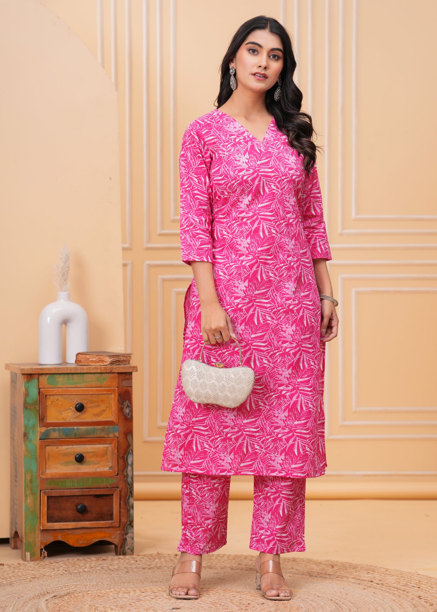 Purple Floral Cotton Printed V-Neck Straight Co-Ord Set