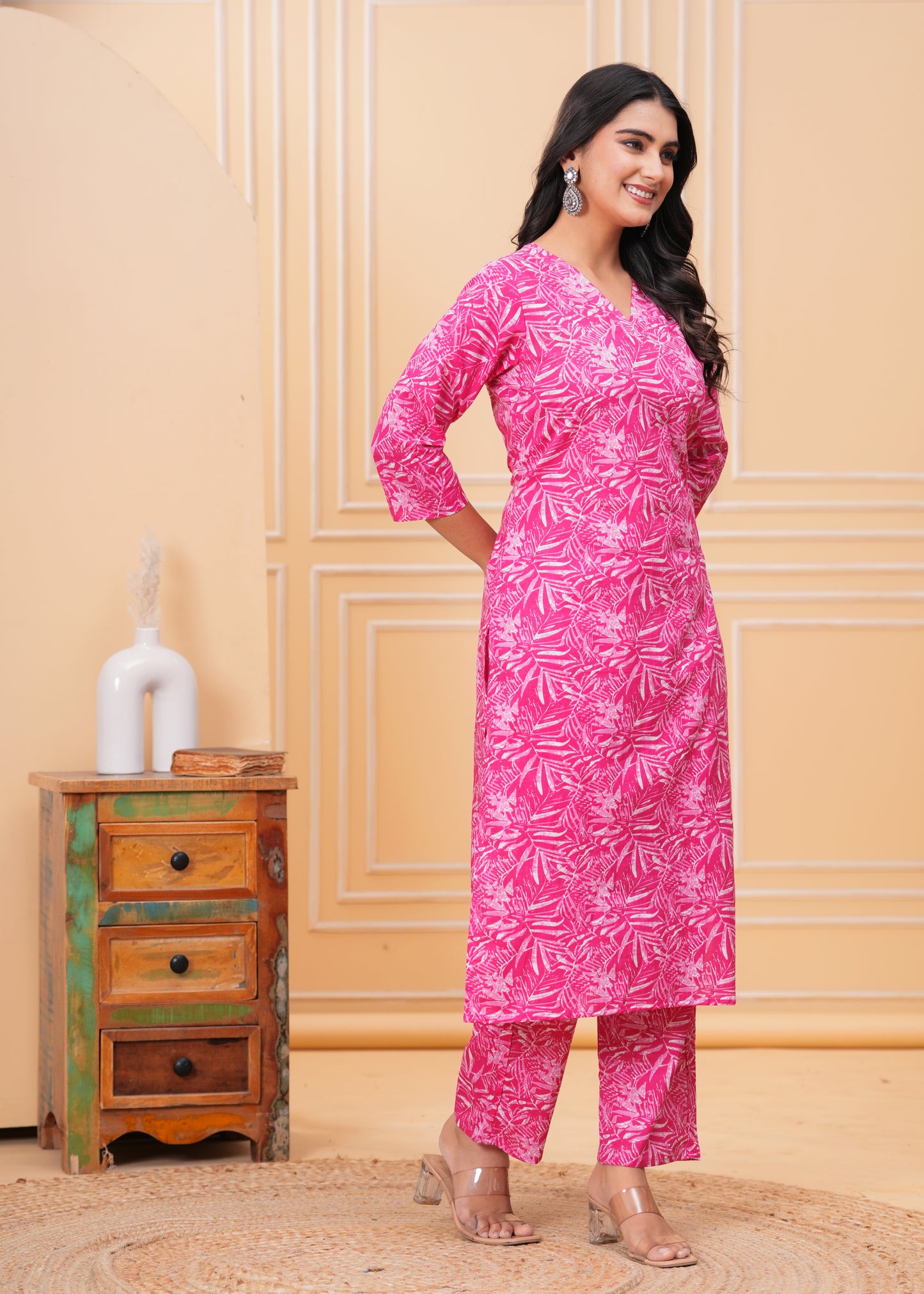 Purple Floral Cotton Printed V-Neck Straight Co-Ord Set