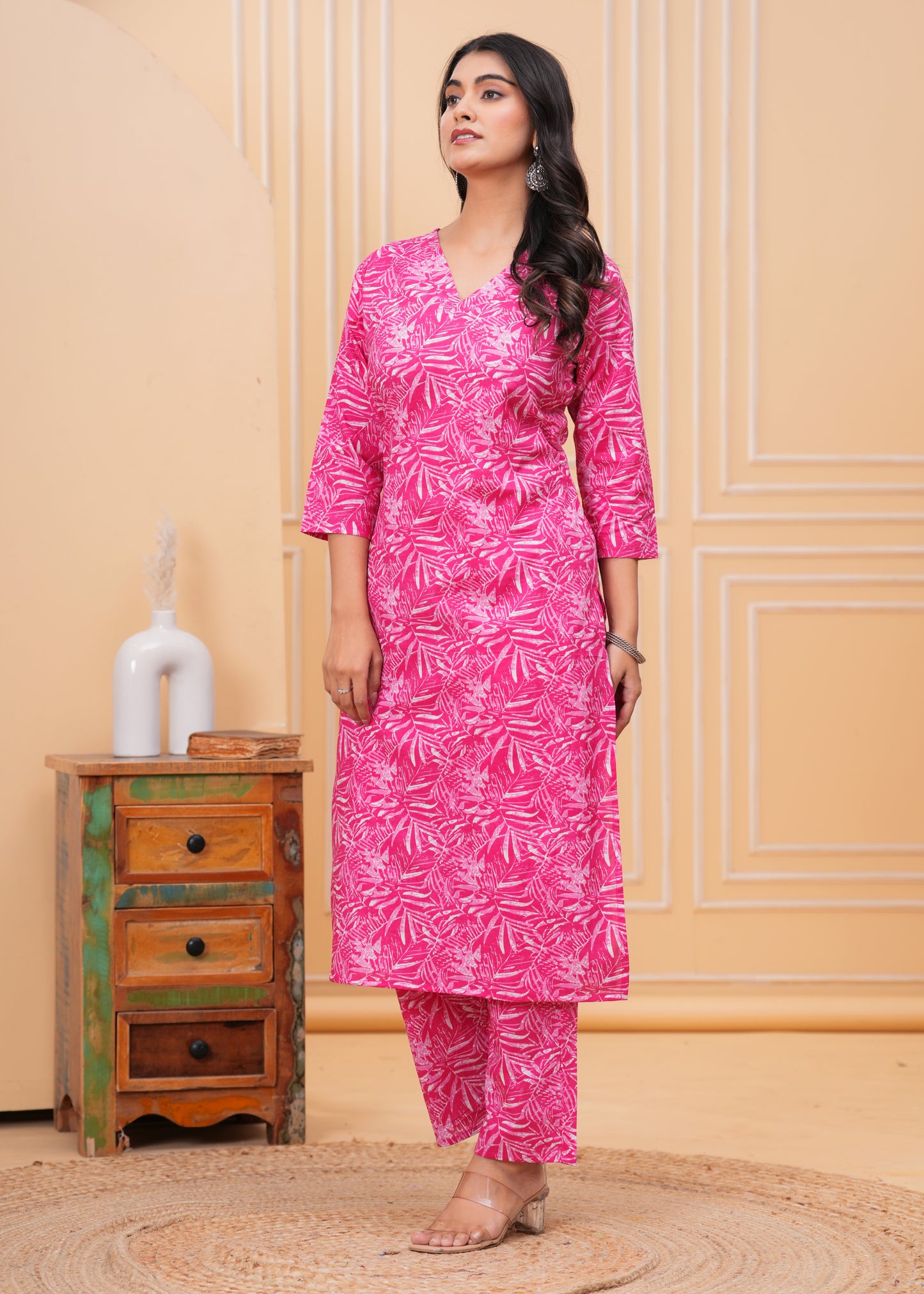 Purple Floral Cotton Printed V-Neck Straight Co-Ord Set