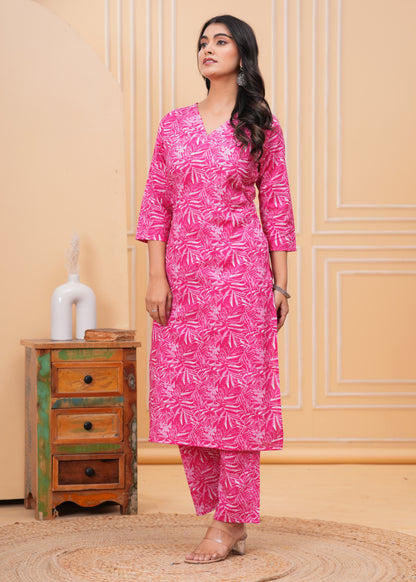 Purple Floral Cotton Printed V-Neck Straight Co-Ord Set