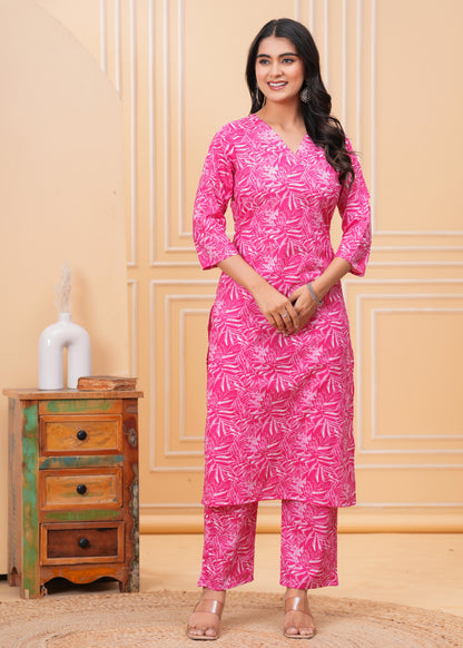 Purple Floral Cotton Printed V-Neck Straight Co-Ord Set