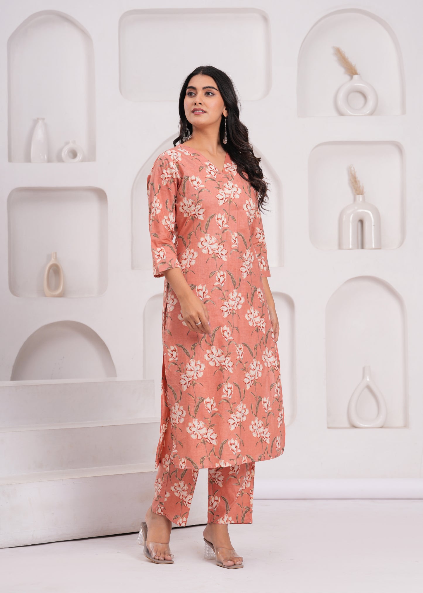 Purple Floral Cotton Printed V-Neck Straight Co-Ord Set