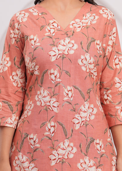 Purple Floral Cotton Printed V-Neck Straight Co-Ord Set