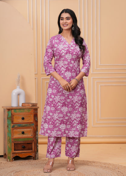 Purple Floral Cotton Printed V-Neck Straight Co-Ord Set