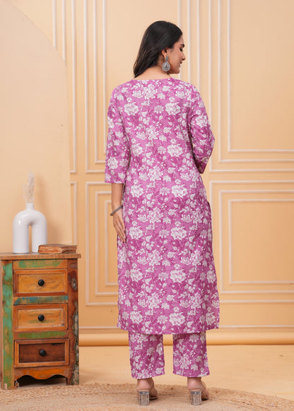 Purple Floral Cotton Printed V-Neck Straight Co-Ord Set