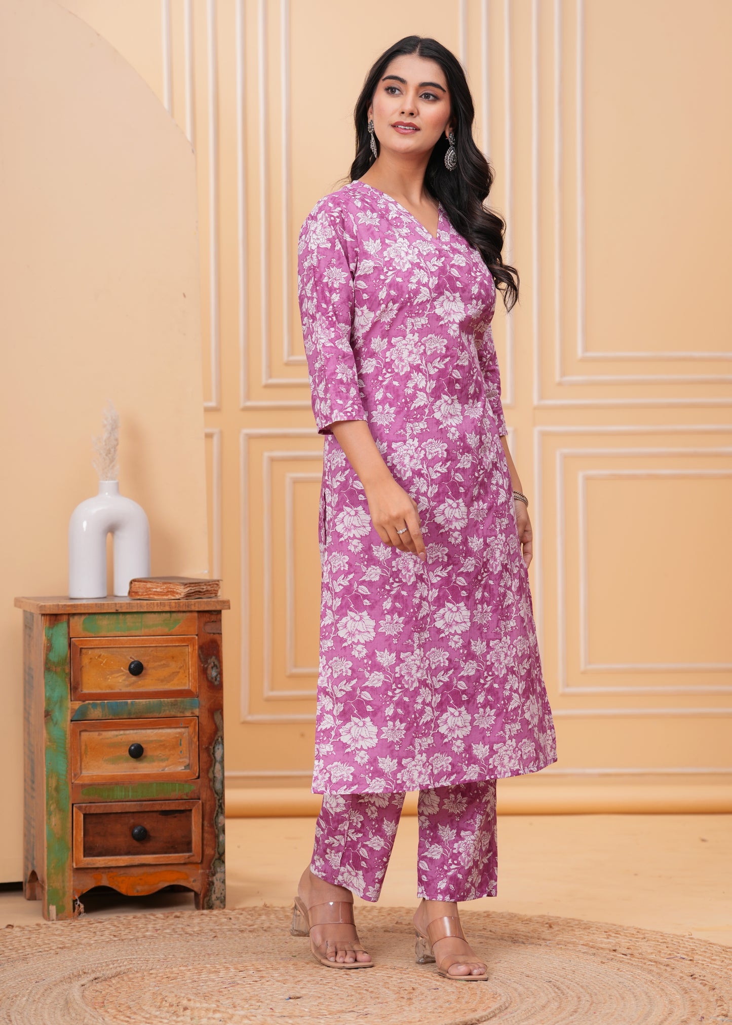 Purple Floral Cotton Printed V-Neck Straight Co-Ord Set