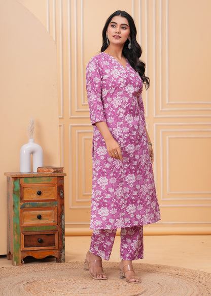 Purple Floral Cotton Printed V-Neck Straight Co-Ord Set