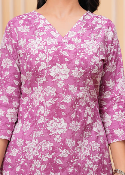 Purple Floral Cotton Printed V-Neck Straight Co-Ord Set